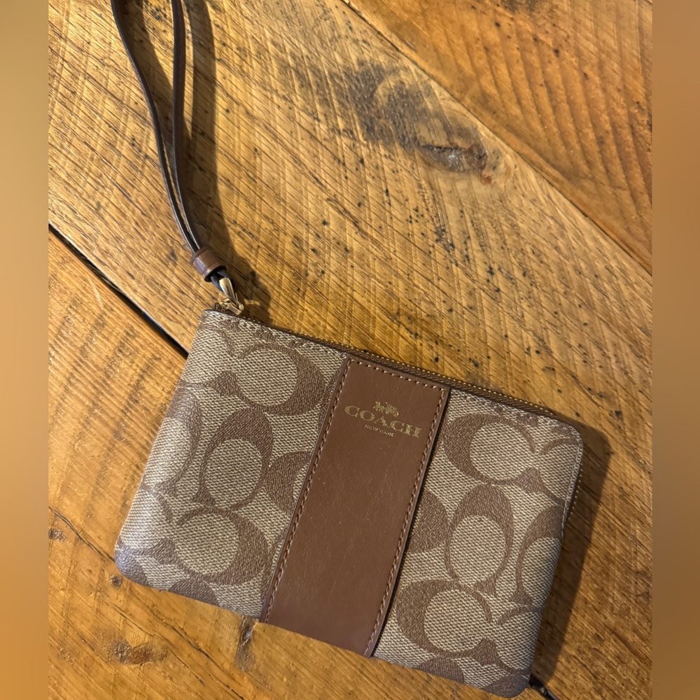 Coach Tan and Brown Signature Wristlet